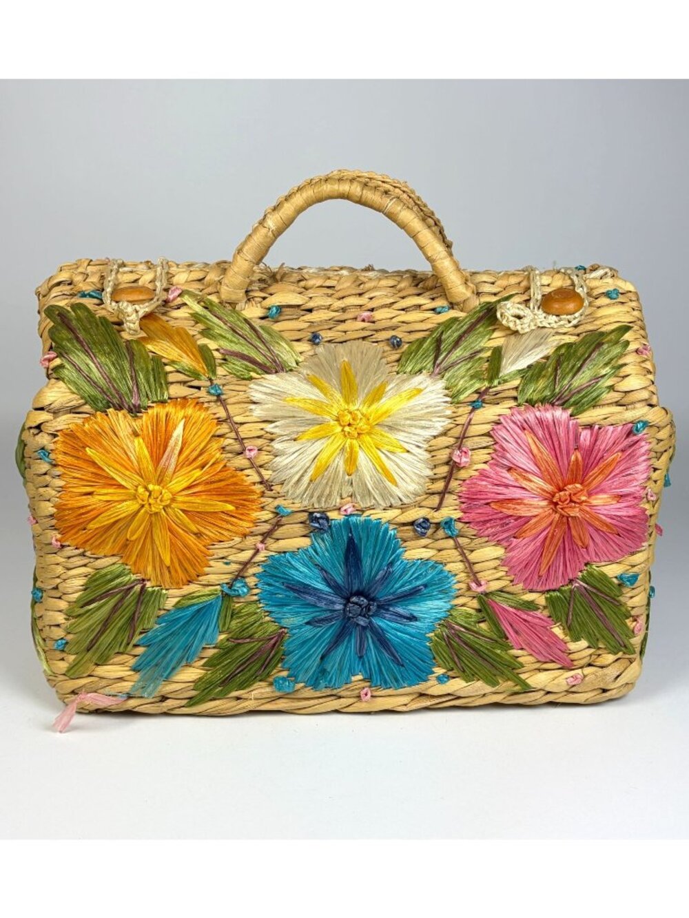 Vintage Cabana Philippines Woven Straw Floral Tote Handbag Raffia Beach Boho